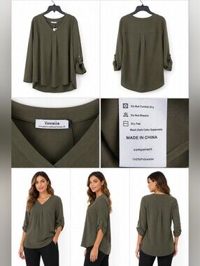 Youtalia Women's XL Olive Green V-Neck Blouse Roll Tab Sleeve Tunic Top NWT.